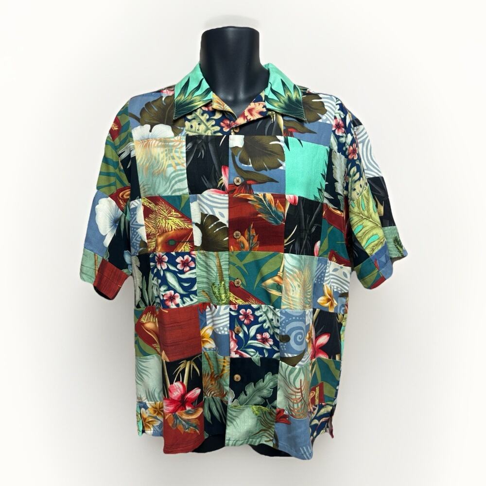 Banana Cabana Mens Medium Silk Hawaiian Shirt Patchwork Tropical Short Sleeve
